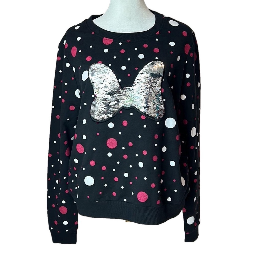 Disney Parks Minnie Mouse Sequin Sweatshirt Pullover  Black Pink Polka Dot Large